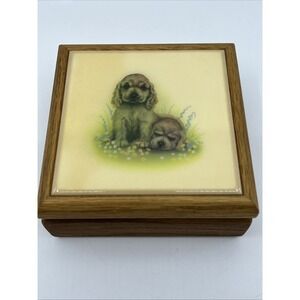 Vtg Kimberly Graphic Art Tile Jewelry Box Cocker Spaniel Puppies‎ 5"x5"